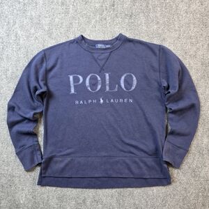 Polo Ralph Lauren Navy Blue Spellout Logo Crewneck Sweatshirt XS Vented Hem